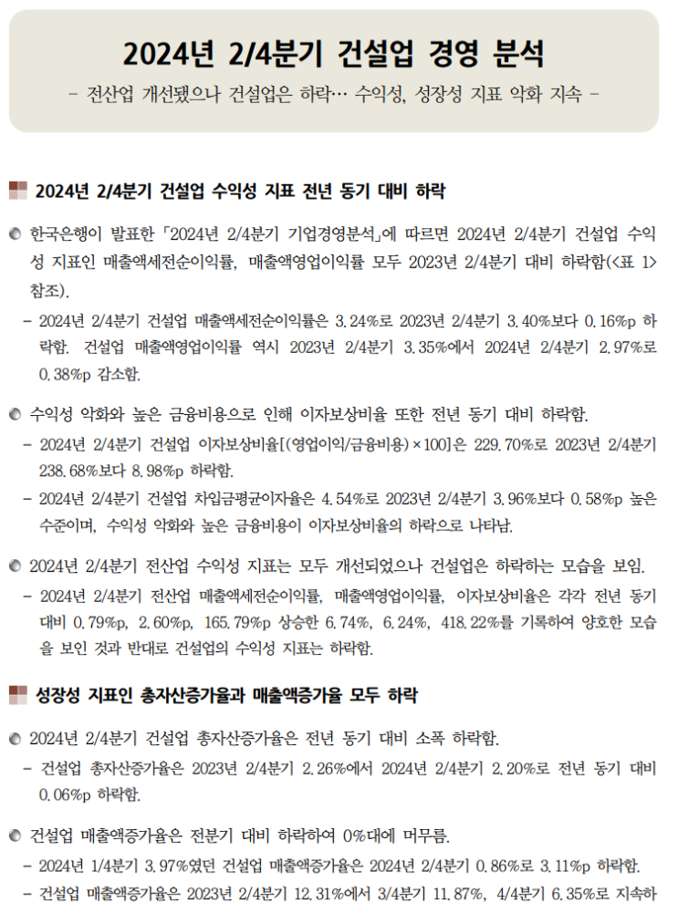  2024년 2/4분기 건설업 경영분석_건산연