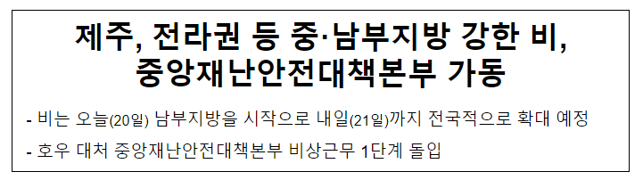 제주, 전라권 등 중·남부지방 강한 비, 중앙재난안전대책본부 가동 제주, 전라권 등 중·남부지방 강한 비, 중앙재난안전대책본부 가동