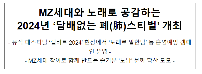 MZ세대와 노래로 공감하는 2024년 ‘담배없는 폐(肺)스티벌’ 개최 MZ세대와 노래로 공감하는 2024년 ‘담배없는 폐(肺)스티벌’ 개최