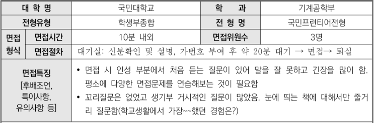  2023학년도 국민대학교 기계공학부 학생부종합 국민프런티어전형 면접 기출 문제