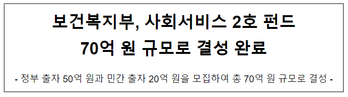 사회서비스 2호 펀드 70억 원 규모로 결성 완료 사회서비스 2호 펀드 70억 원 규모로 결성 완료