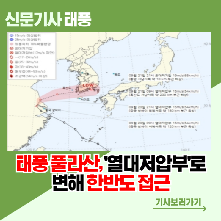  [태풍] 태풍 풀라산, '열대저압부'로 변해 한반도 접근