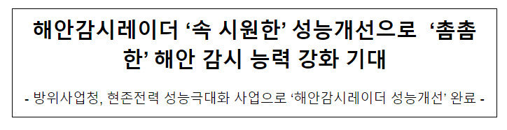 해안감시레이더 ‘속 시원한’ 성능개선으로 ‘촘촘한’ 해안 감시 능력 강화 기대 해안감시레이더 ‘속 시원한’ 성능개선으로 ‘촘촘한’ 해안 감시 능력 강화 기대