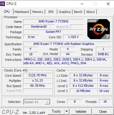  AMD Ryzen 라이젠7 7735HS 노트북 CPUZ 벤치