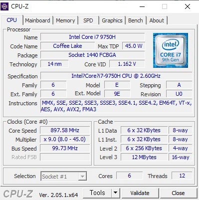  인텔 코어 i7-9750H 프로세서 cpuz 벤치