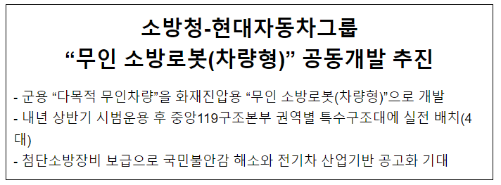 소방청-현대차그룹 무인소방로봇(차량형) 공동개발 추진 소방청-현대차그룹 무인소방로봇(차량형) 공동개발 추진