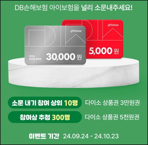 DB손해보험 소문내기 이벤트(다이소 5천원등 310명)추첨~10.23 DB손해보험 소문내기 이벤트(다이소 5천원등 310명)추첨~10.23