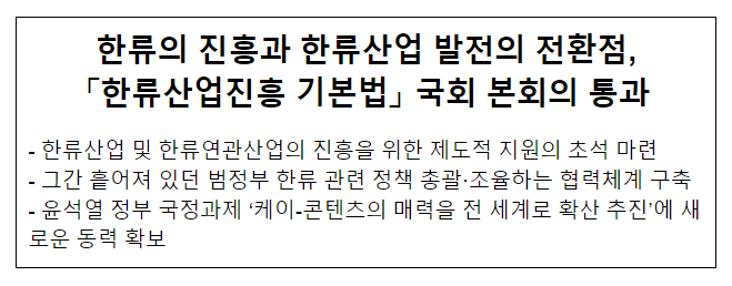 한류의 진흥과 한류산업 발전의 전환점, 「한류산업진흥 기본법」 국회 본회의 통과 한류의 진흥과 한류산업 발전의 전환점, 「한류산업진흥 기본법」 국회 본회의 통과