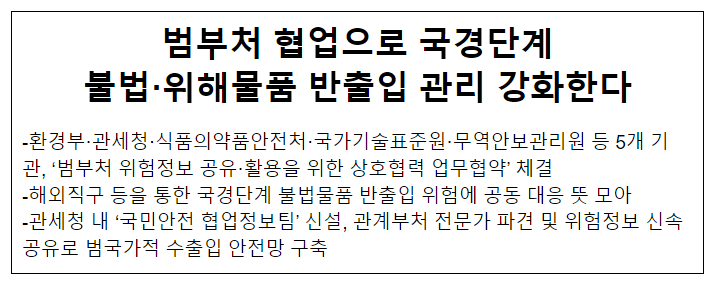 범부처 협업으로 국경단계 불법·위해물품 반출입 관리 강화한다 범부처 협업으로 국경단계 불법·위해물품 반출입 관리 강화한다