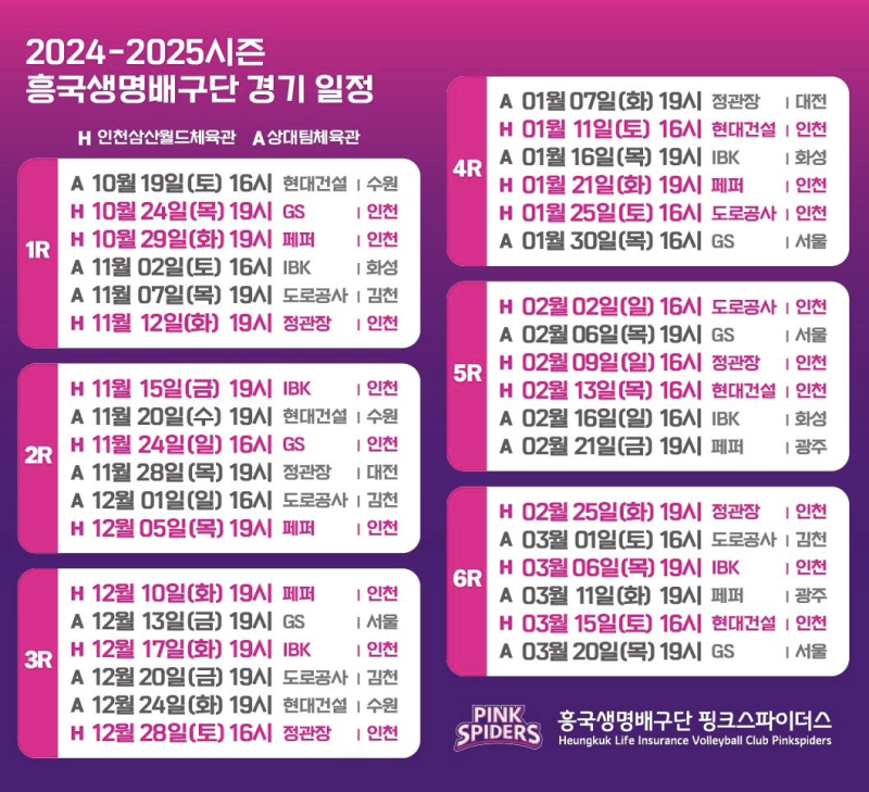 2024-2025 흥국생명 배구단 경기일정