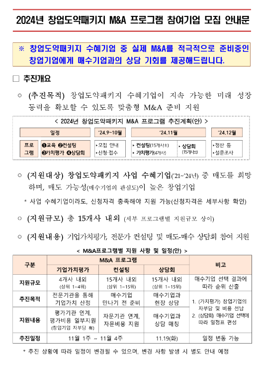 2024년 창업도약패키지 M&A 프로그램 참여기업 모집 공고 2024년 창업도약패키지 M&A 프로그램 참여기업 모집 공고