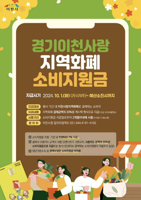  10월 1일부터 이천 지역화폐 20% 캐시백 소비지원금 시행