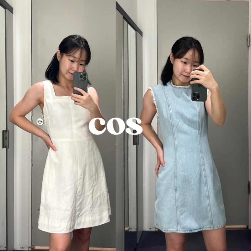 COS 여름 원피스 추천 스퀘어넥 화이트 원피스, 데님 민소매 미니 원피스