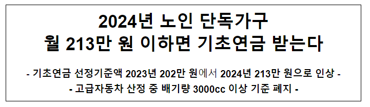 2024년 노인 단독가구 월 213만 원 이하면 기초연금 받는다 2024년 노인 단독가구 월 213만 원 이하면 기초연금 받는다