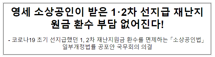 영세 소상공인이 받은 1・2차 선지급 재난지원금 환수 부담 없어진다 영세 소상공인이 받은 1・2차 선지급 재난지원금 환수 부담 없어진다