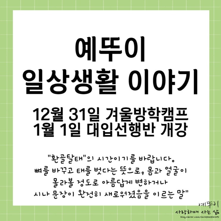  예뚜이 일상 12월 31일 일요일 겨울방학캠프 1월 1일 대입 재수기숙학원 선행반 개강