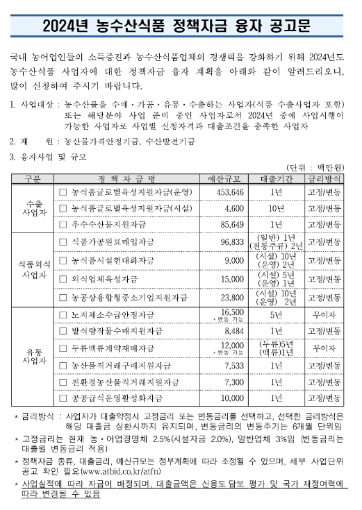 2024년 농수산식품 정책자금 융자 공고