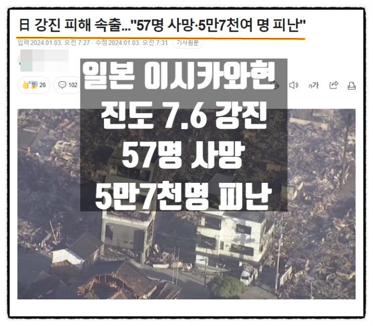  일본 이시카와현 규모 7.6 강진 57명 사망 5만7천명 피난