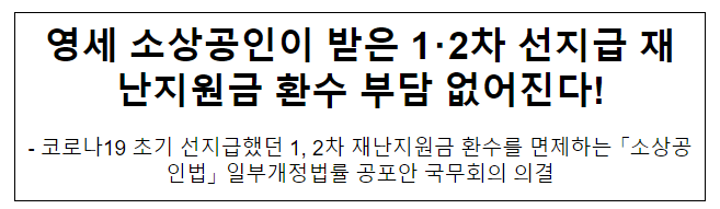 영세 소상공인이 받은 1・2차 선지급 재난지원금 환수 부담 없어진다 영세 소상공인이 받은 1・2차 선지급 재난지원금 환수 부담 없어진다