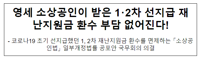 영세 소상공인이 받은 1･2차 선지급 재난지원금 환수 부담 없어진다