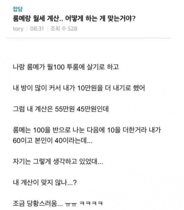  나의 생각) 룸메이트 월세 계산