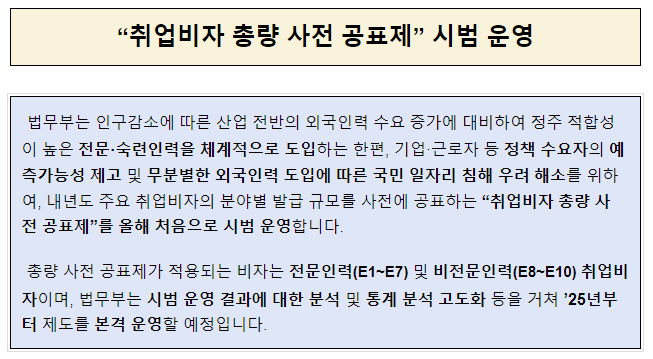 “취업비자 총량 사전 공표제” 시범 운영