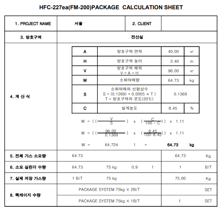  전산실 HFC-227ea 75kg 자동소화 설비 설치