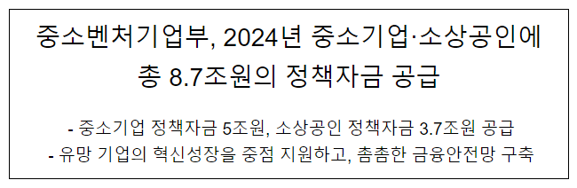 중소벤처기업부, 2024년 중소기업·소상공인에 총 8.7조원의 정책자금 공급 중소벤처기업부, 2024년 중소기업·소상공인에 총 8.7조원의 정책자금 공급