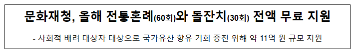 문화재청, 올해 전통혼례(60회)와 돌잔치(30회) 전액 무료 지원 문화재청, 올해 전통혼례(60회)와 돌잔치(30회) 전액 무료 지원
