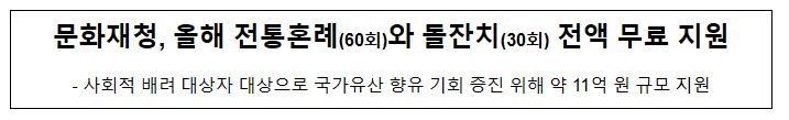 문화재청, 올해 전통혼례(60회)와 돌잔치(30회) 전액 무료 지원