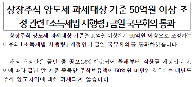  상장 주식 양도소득세 과세대상 기준 10억원에서 50억원으로 상향
