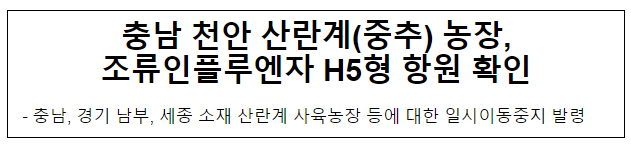 충남 천안 산란계(중추) 농장, 조류인플루엔자 H5형 항원 확인 충남 천안 산란계(중추) 농장, 조류인플루엔자 H5형 항원 확인