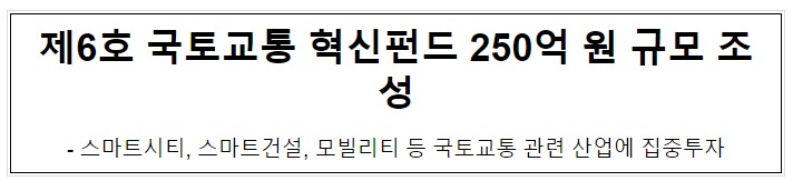 제6호 국토교통 혁신펀드 250억 원 규모 조성 제6호 국토교통 혁신펀드 250억 원 규모 조성