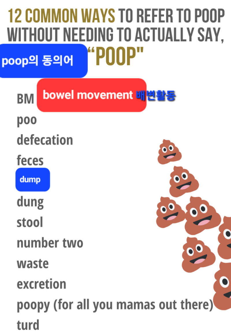 영어로 화장실 가다, 소변(대변)보다, 똥, 오줌 pee, piss, urinate, poop, poo, pooh, crap ...