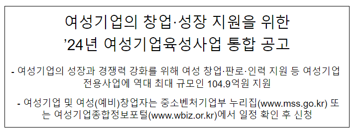 여성기업의 창업·성장 지원을 위한 ’24년 여성기업육성사업 통합 공고 여성기업의 창업·성장 지원을 위한 ’24년 여성기업육성사업 통합 공고