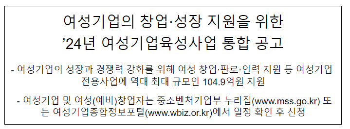 여성기업의 창업·성장 지원을 위한 ’24년 여성기업육성사업 통합 공고