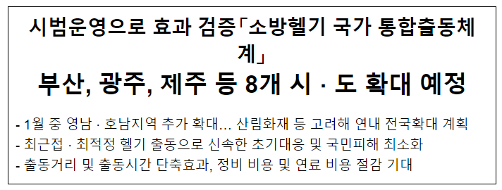 소방헬기 국가 통합출동체계, 부산 광주 제주 등 8개 시도 확대 예정