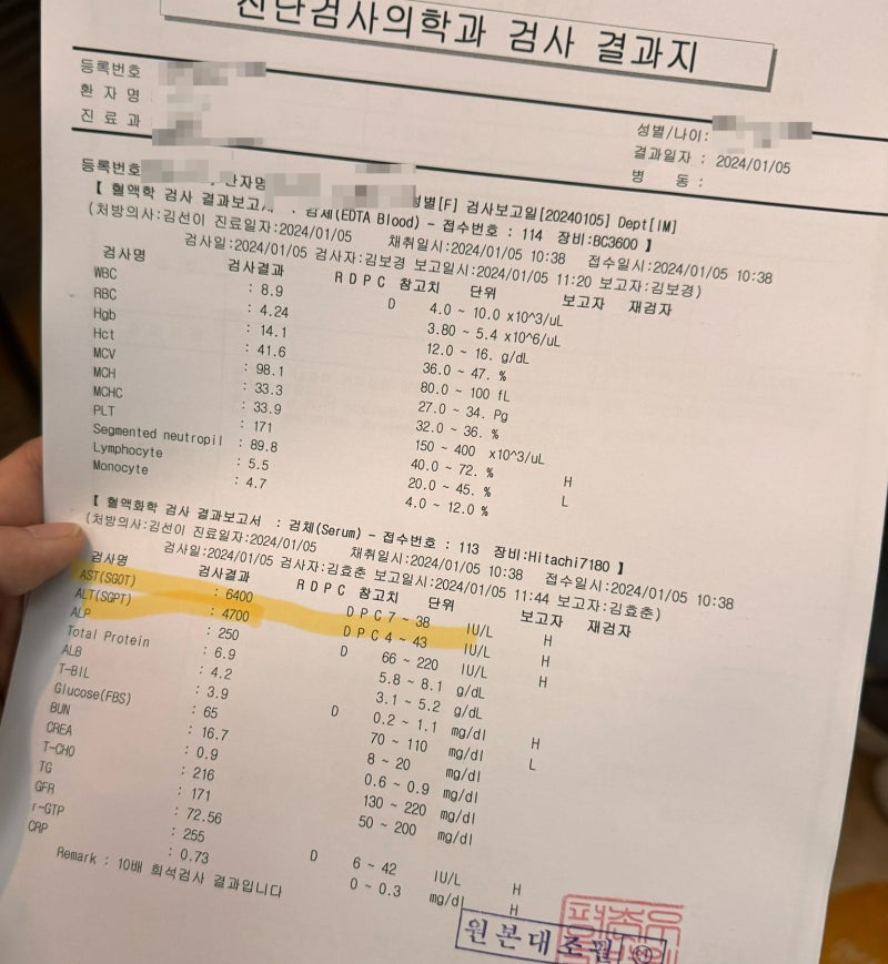 급성간염인지 알콜성간염인지 아무튼 2024년 01월05일 대학병원 응급실에가다. 간염일기(2)