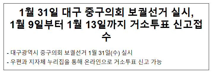 1월 31일 대구 중구의회 보궐선거 실시, 1월 9일부터 1월 13일까지 거소투표 신고접수