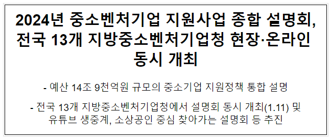 2024년 중소벤처기업 지원사업 종합 설명회, 전국 13개 지방중소벤처기업청 현장·온라인 동시 개최 2024년 중소벤처기업 지원사업 종합 설명회, 전국 13개 지방중소벤처기업청 현장·온라인 동시 개최