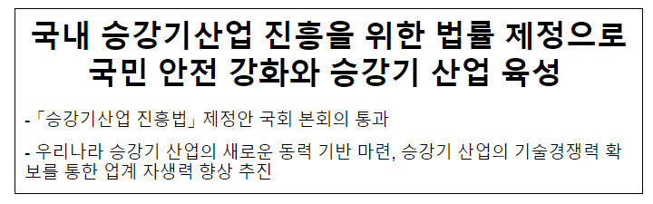 국내 승강기산업 진흥을 위한 법률 제정으로 국민 안전 강화와 승강기 산업 육성