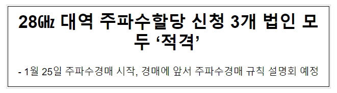 28 대역 주파수할당 신청 3개 법인 모두 ‘적격’ 28 대역 주파수할당 신청 3개 법인 모두 ‘적격’