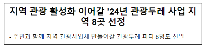 지역 관광 활성화 이어갈 ’24년 관광두레 사업 지역 8곳 선정 지역 관광 활성화 이어갈 ’24년 관광두레 사업 지역 8곳 선정