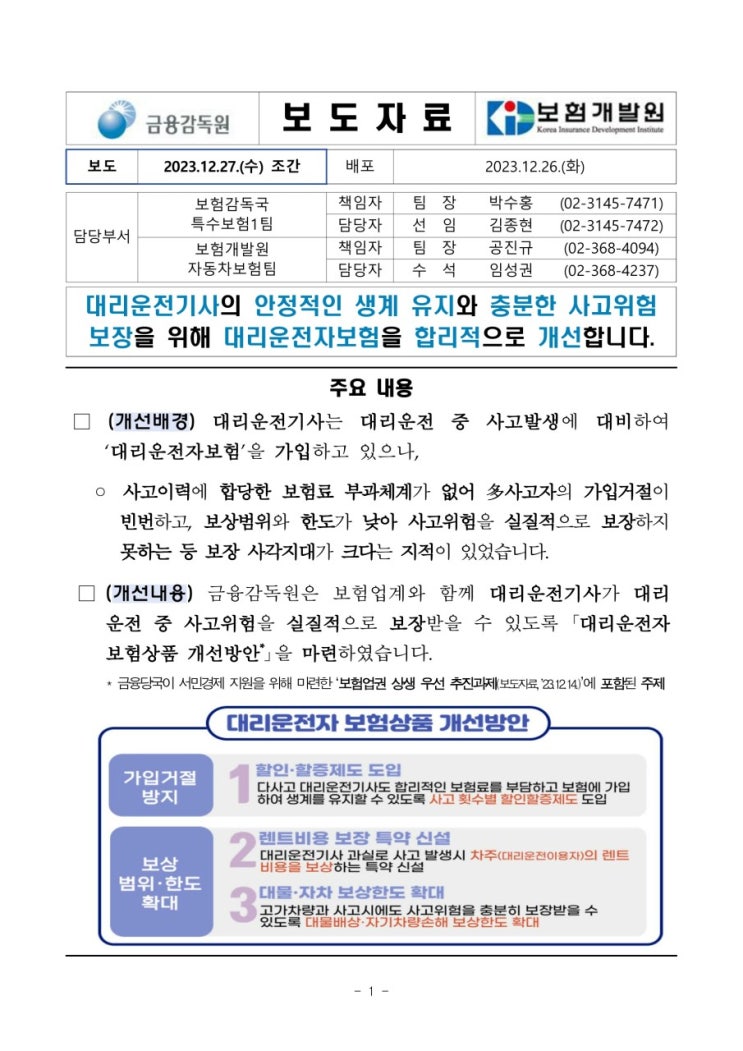  대리운전기사의 안정적인 생계 유지와 충분한 사고위험 보장을 위해 대리운전자보험을 합리적으로 개선합니다.