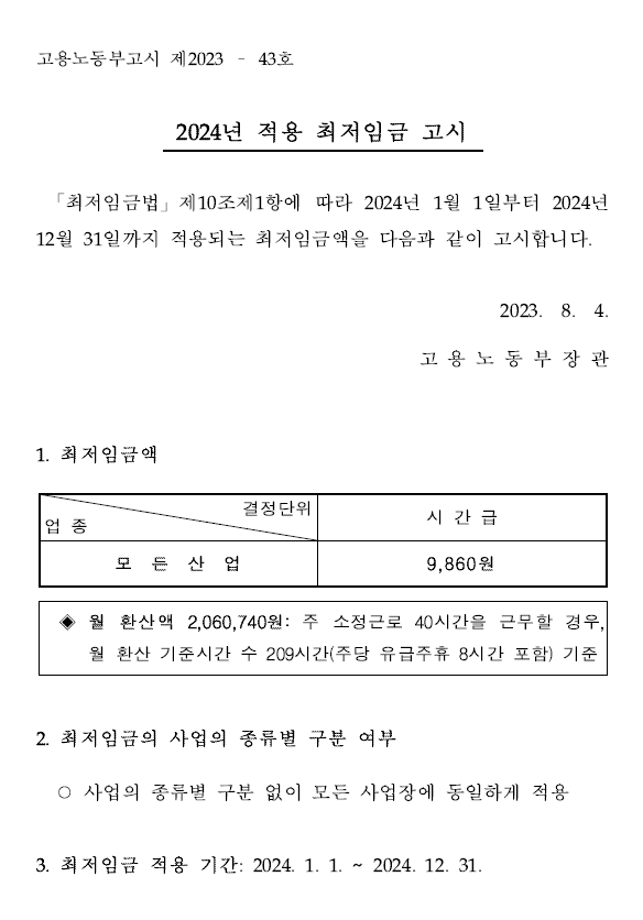  2024년 최저임금 9,860원 (23년 대비 2.5% 인상)