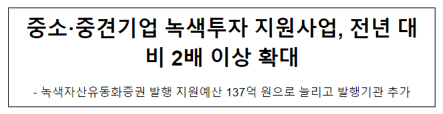 중소·중견기업 녹색투자 지원사업, 전년 대비 2배 이상 확대 중소·중견기업 녹색투자 지원사업, 전년 대비 2배 이상 확대