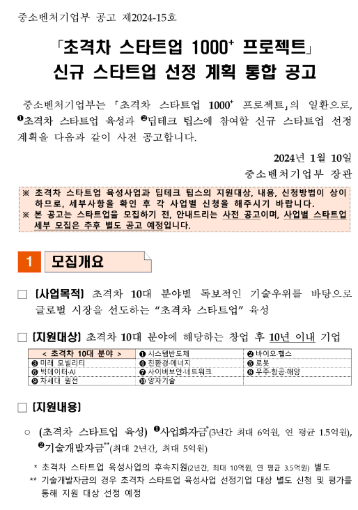 딥테크 팁스(초격차 스타트업 1000+ 프로젝트 신규 스타트업 선정 계획 통합 공고) 딥테크 팁스(초격차 스타트업 1000+ 프로젝트 신규 스타트업 선정 계획 통합 공고)