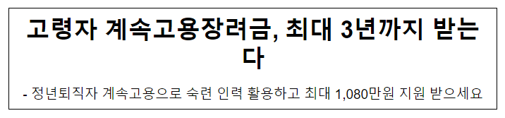 고령자 계속고용장려금, 최대 3년까지 받는다, 정년퇴직자 계속고용으로 숙련 인력 활용하고 최대 1,080만원 지원 받으세요