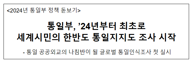 통일부, ’24년부터 최초로 세계시민의 한반도 통일지지도 조사 시작 통일부, ’24년부터 최초로 세계시민의 한반도 통일지지도 조사 시작