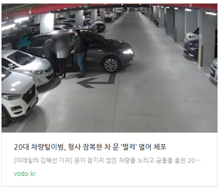 [뉴스] 20대 차량털이범, 형사 잠복한 차 문 ‘벌컥’ 열어 체포